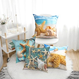 Ocean Beach Throw Pillow Covers 18 x 18 Inch Seashell Starfish Conch Ocean Themed Decorative Pillows Soft Cushion Cases for Couch Sofa Bed Home Decor Set of 4