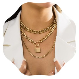 Jumwrit Chunky Chain Necklace Punk Layered Choker Necklaces Cuban Link Chain Necklace with Lock Pendant Necklace Statement Necklace for Women（Gold）