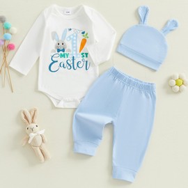 Geagodelia Infant Baby Boy 1st Easter Outfits Short Sleeve Letter Print Romper Jumpsuit Bodysuit and Bunny Print Elastic Long Pants and Hat Sets 3Pcs Clothes for Baby Boy (Blue Solid, 0-3 Months)