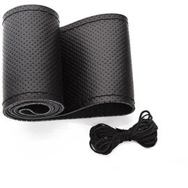 LondonExpress Universal Real Leather Car Steering Wheel Stitch On Wrap Cover DIY Sewing Breathable and Anti slip, 15-Inch Black UK