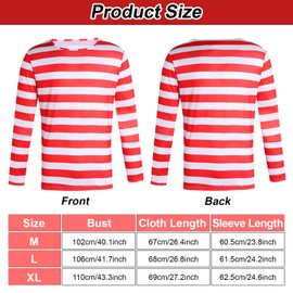 5 Pcs Red and White Striped Wally Costume for Adult, World Book Day Fancy Dress Red and White Stripe T-Shirt Beanie Hat Glasses Inflatable Cane Socks, Classic Cosplay Costumes for World Book Day - XL