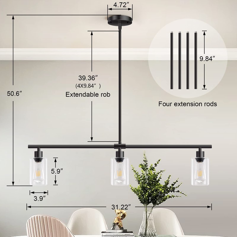 Yarlkav Kitchen Island Lighting, 3 Lights Linear Chandeliers Rectangle Pendant