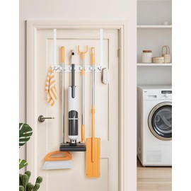 Vosturdy Mop and Broom Holder Wall Mount, No Drill Over the Door Broom and Mop Holder with 4 Slots and 2 Hooks, Wood Tool Hanger for Laundry, Cabinet, Kitchen, Garage