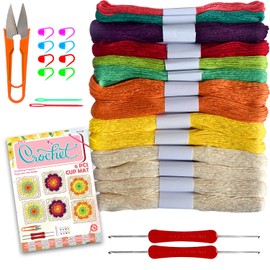 QCZKB Coasters Crochet Kits 14 skeins Cotton Crochet Yarn Includes 2 Crochet Hooks, 2 Weaving Needles, Instruction Book, 8knitting Stitch Markers|Prefect Coasters Crochet Beginner Kit (C022)