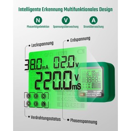 TESMEN TOE-100EMAX Intelligent Socket Tester with GFCI/RCD Trigger Test, LCD Display, Voltage/Current Detection - For Home Inspections and Daily Safety Testing - Green