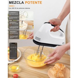 Batidora Eléctrica Doméstico,Batidora de Mano de 7 Velocidades de 260 W,Batidora Amasadora Reposteria con 2 Varillas&2 Ganchos,Potente con Turbo Mezclador de Mano para Batir Alimentos,Huevos,Pasteles