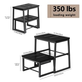 LIANTRAL 2 Step Stools for Adults & Kids, Heavy Duty 2-in-1 Stepping Stools Adjustable Retractable Wooden Stool, Metal Frame, Non-Slip Bedside Foot Stool, for Bed, Kitchen, Bathroom, RV Step - Black