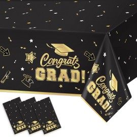 Graduation Party Decorations - Black Gold Gongrats Grad Tablecover for Class of 2024 Graduation Party Supplies Large Size Waterproof Plastic Rectangular Disposable Tablecloth 3 Pcs 54"x108"