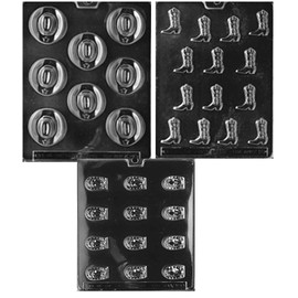 Cowboy Boot Chocolate Candy Mold, Cowboy Hat Chocolate Candy Mold, Horse shoe surrounding horse chocolate candy mold with copywrited molding Instructions