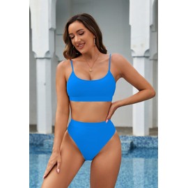 Pink Queen Women's High Waisted Bikini Set Athletic Sporty Cheeky 2 Piece Swimsuit Bathing Suit Bright Blue S