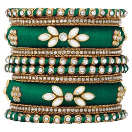Aheli Silk Thread Kundan Studded Chura Chuda Bangle Set Gift for Women 2.8 inch, Green