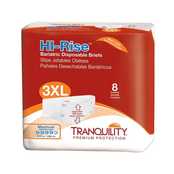 Tranquility Bariatric HI-Rise Disposable Briefs, 3X-Large, High Waistline with Peach Mat Core & Secure Kufguard Technology for Skin Integrity, Latex-Free, 34oz Capacity, 8ct Bag