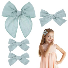 4 Pcs Green Hair Bow, Cotton Linen Hair Bows, Girls Bows for Hair, Toddler Hair Bows for Girls Hair Accessories, Alligator Clips Knot Hair Bows for Girls, Light Green Bow, 3 Styles & 3 Sizes