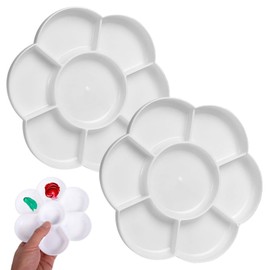 Plastic Round Palette, Mixing Palette, Watercolour Palette, Plastic Painting Palette, 7 Colour Cavities for Mixing, White Palette, Universal Palette for DIY Art Painting, 17 x 17 cm, 2 Pieces