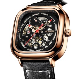 GLENAW Square Mechanical Retro Watch for Men Skeleton Self-Wind Automatic Rectangle Watches Vintage Leather Strap Wristwatch (8822-Gold Case)