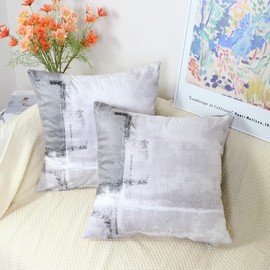 QUALKNOY Set of 2 Velvet Cushion Covers 45x45 cm Grey Abstract Art Modern Decorative Throw Pillow Cases 18x18 inches for Living Room Sofa Bed Outdoor Garden Decor Pillowcases