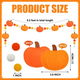 Fall Felt Pumpkin Garland 3D Pumpkin Felt Hanging Garland Fall Orange Pompom Ball Banner Autumn Hanging Decorations for Autumn Harvest Thanksgiving Home Mantel Fireplace Wall Party Decor