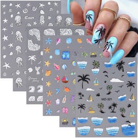 Summer Nail Art Stickers 5D Embossed Ocean Nail Art Decals Self-Adhesive DIY Nail Sticker Palm Tree Sea Beach Jellyfish Starfish Nail Supplies for Women Girls Nail Decoration Accessories 6 Sheets