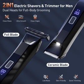 VIKICON 2-in-1 Manscape Trimmer & Shavers for Men: No-Nick Full Body Electric Razor for Pubic, Balls, Back Hair w/Dual-Head Trimmer & Foil Blades - Waterproof Groomer Kit w/Light, Travel Lock & Pouch