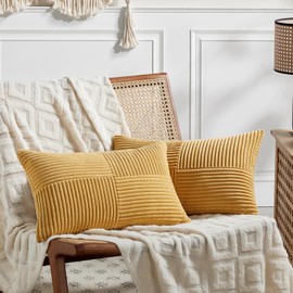 Fancy Homi 2 Packs Gold Yellow Lumbar Decorative Throw Pillow Covers 14x24 Inch for Couch Bed Sofa, Rustic Farmhouse Boho Spring Home Decor, Soft Striped Corduroy Rectangle Accent Cushion Case 35x60cm