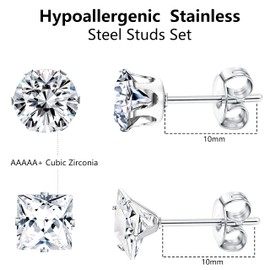 Dochais 12 Pairs of Men's Earrings, Silver, Medical Stud Earrings, 316L Surgical Steel Stud Earrings, Hypoallergenic Stainless Steel Earrings Set, Zirconia Stud Earrings for Men Women Unisex,