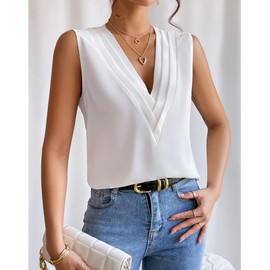 MYCOLORBLUE Sleeveless Tops for Women Summer V-neck Chiffon T Shirts Business Office Dressy Outfit Blouse White M