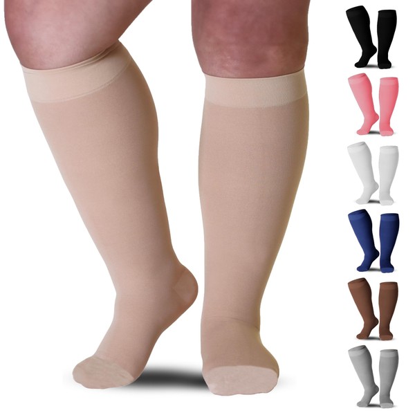 Mojo Compression Socks - Knee-Hi Support Hose for Women - Closed Toe Opaque Socks (Large, Beige) - 20-30mmHg Compression for Post-Thrombotic Syndrome & Venous Insufficiency