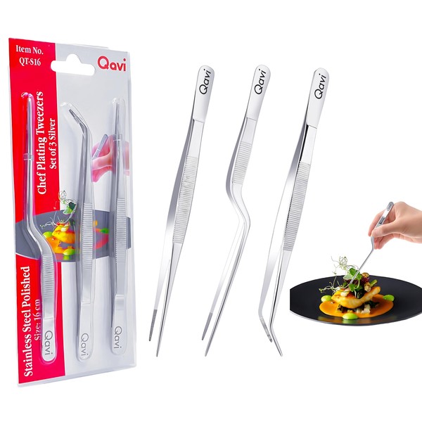 Professional Chef Plating Tweezers, 16cm/6.3-Inches Set of 3 (Straight, Curved