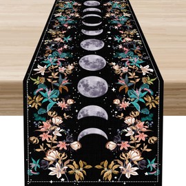 Camino de mesa bohemio con diseño floral, hojas de flores de primavera, místico, gótico, sol, luna, cocina, decoración de mesa de comedor para decoración del hogar, fiesta, 13 x 90 pulgadas