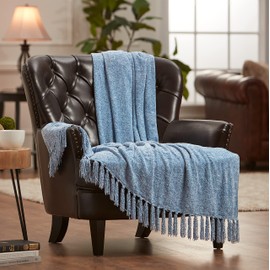 Chanasya Premium Chenille Fringe Throw Blanket - Velvet Soft Throw Blanket with Shimmer and Tassels - 50" x 65” - Cerulean