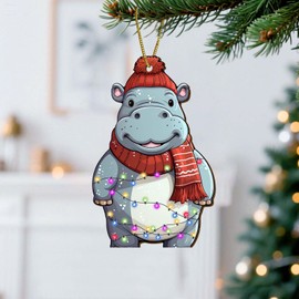 365RUSTIC Hippo Christmas Tree Ornament - Cute Hippopotamus Keepsake - Animal Decoration - 2 Side Printed Wooden Christmas Ornament