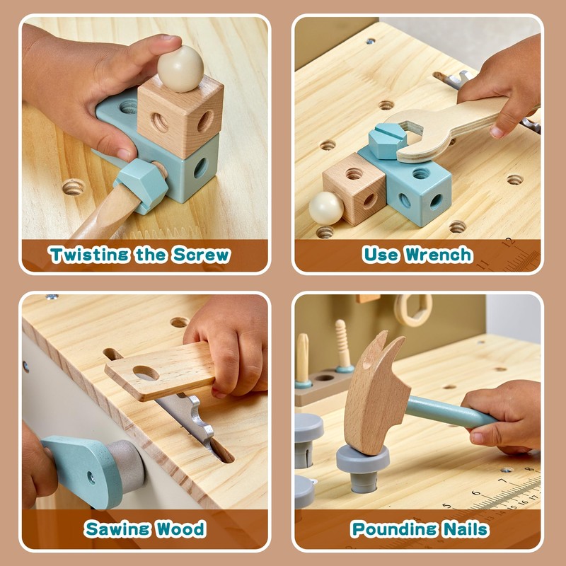 Kids Tool Set,Wooden Tools Bench with Apron Toddler Toy Workbench