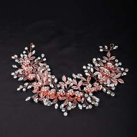 YERTTER Diadema para novia con diseño de hojas de vid, flores grandes, con diamantes de imitación, para novia, dama de honor, boda, graduación, fiesta de cumpleaños (oro rosa)