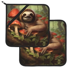 YYHWHJDE Square Insulated Pot Set of Two Holder Heat Resistant Kitchen Mats Ideal for Kitchen pot lid and Outdoor BBQ Sloth With Mushrooms Prints