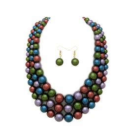 Women's Faux Pearl Three Multi-Strand Statement Necklace and Earrings Set (Dark Multi)