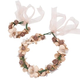 Mecool Bride Crown Rose Head & Wrist Band Set for Women Floral Headbands for Girls | Bridal Headband Set Adjustable | Flower Hair Accessories | Wedding Hair Accessories for Women-Brown