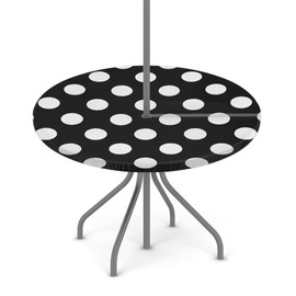 Outdoor Tablecloth with Umbrella Hole and Hidden Zipper,Black White Polka Dots Fitted Round Tablecloth with Elastic, Waterproof Polyester for Patio Picnic, Fits 36-44in Tables