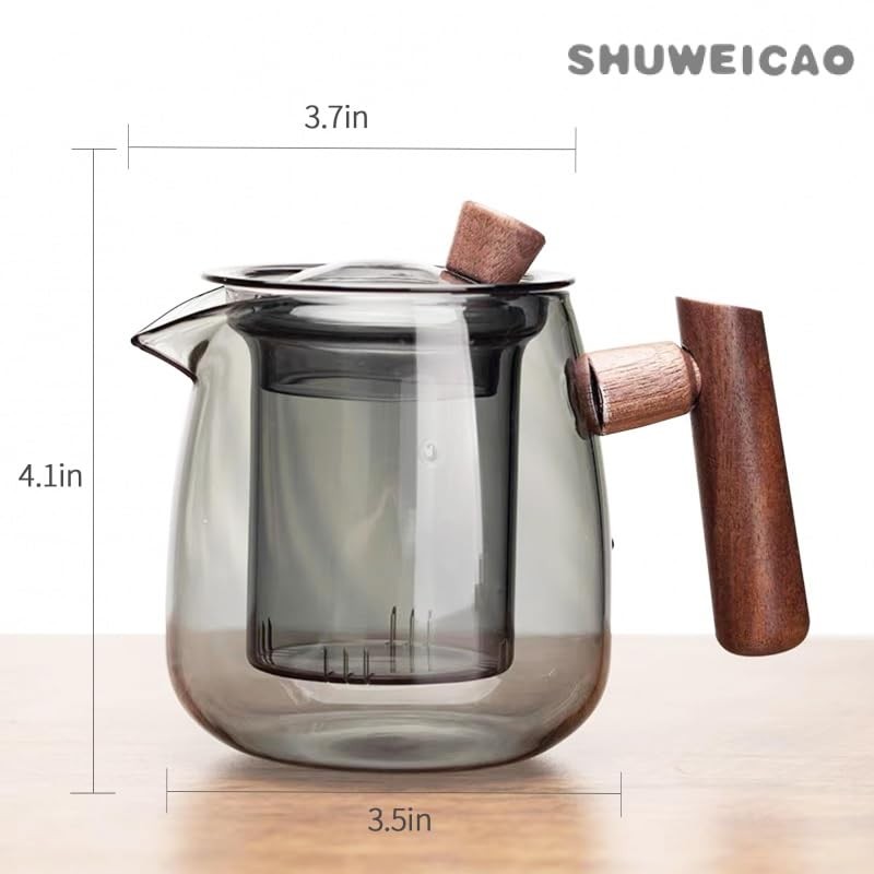 SHUWEICAO Glass Teapot,18.6oz/550ml Glass Tea Kettle With Wooden Handle,Stovetop &