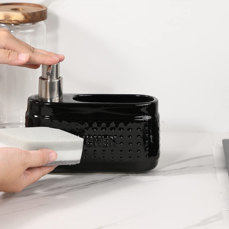 Black Dish Soap Dispenser with Sponge Holder, Large Capacity Ceramic