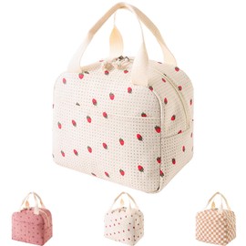 JYJLLM Fashion Large Capacity Thermal Tote with Durable Work Lunch Box for Women & Girls,Insulated Lunch Bag for Women - Leakproof Food Bag for Office, School, Picnic (White Strawberry)