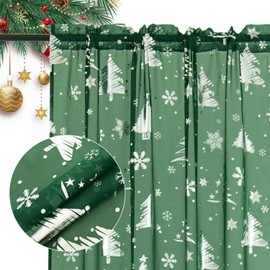 DEARTOWN Christmas Sheer Curtains, Snowflake Silver Foil Print Sheer Curtains, Rod Pocket Window Drapes Xmas Decorations for Bedroom Holiday Party, Green/Silver 52 x 63 inch