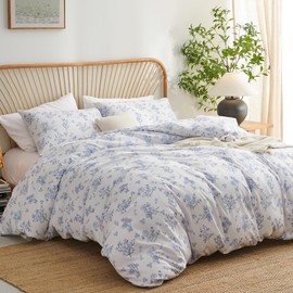 Nayoroom Blue Floral Duvet Cover Queen Size Cottagecore Flower Leaf Spring Comforter Cover 3 Pcs Soft Breathable Microfiber Pastoral Aesthetic Bedding Set with Zipper Closure