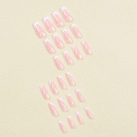Pink Press on Nails French Tip Fake Nails with White Line Designs White Tip False Nails Medium Glue on Nails Coffin Stick on Nails Cute Acrylic Nails Full Cover Glossy Artificial Nails