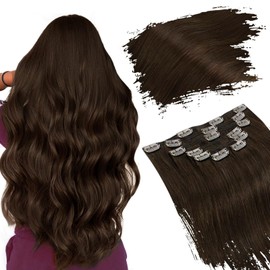 Ugeat Medium Brown Clip in Hair Extensions Chocolate Brown Hair Extensions Real Human Hair Clip ins 22 Inch Clip in Extensions for Women Invisible Double Weft Long Straight 7pcs 120g