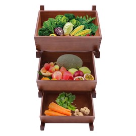 FTUREPAC Wood Fruit and Vegetable Basket Stand Rack for Kitchen, 3 Tier Fruit Basket for Kitchen, Utility Shelf Organizer, Organizer Bins Rack for Onions and Potatoes, Baskets, Rustic Brown