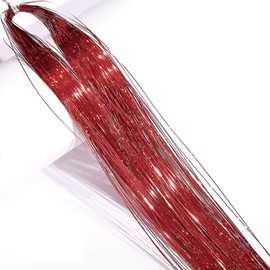 HarParBar Red Hair Tinsel Extensions 1200 Strands Holographic Sparkle Glitter Highlights Hairpieces Shiny Straight Hair Extensions for Women Girls Party Cosplay