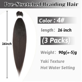 Pre stretched Braiding Hair 16 Inch Brown Braiding Hair Extensions Yaki Braids Hair Hot Water Setting Synthetic Hair Colored Braiding Hair Pre stretched Crochet Hair(16nch,3Packs,4#)