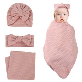 Oaygat Newborn Baby Blanket Soft Swaddle Blankets for Infant Swaddling Receiving Warm Wrap Newborn Receiving Blanket with Bow Hat Headband Set Beanie Hat Nursery Swaddle Wrap for Toddler 0-6 Months