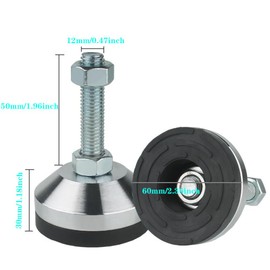 WUEIBUZUDAO Heavy Duty Leveling feet,Machine Leveling feet 2.36" Dia Base,Leg Leveler M12 Thread, 1300 Lb Capacity,Capacity for Machine,Workbench, Cabinet & More (D60xM12xH50,4 Pack,Black)