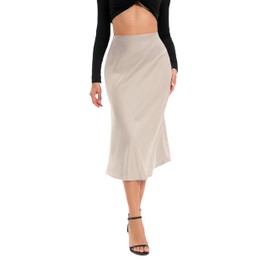 Oyamiki Women's Skirts High Waist Flowy Summer Casual Silk Midi Skirts Elegant Khaki Work Pleated A-Line Long Mermaid Skirt, M